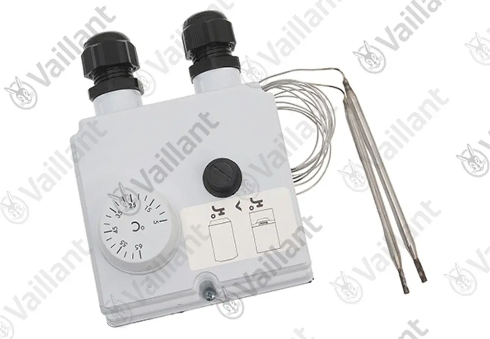 Thermostat von Vaillant mit zwei Anschlüssen, Einstellrad und zwei Temperaturfühlern. Das Gehäuse ist rechteckig und in neutraler Farbe gestaltet.